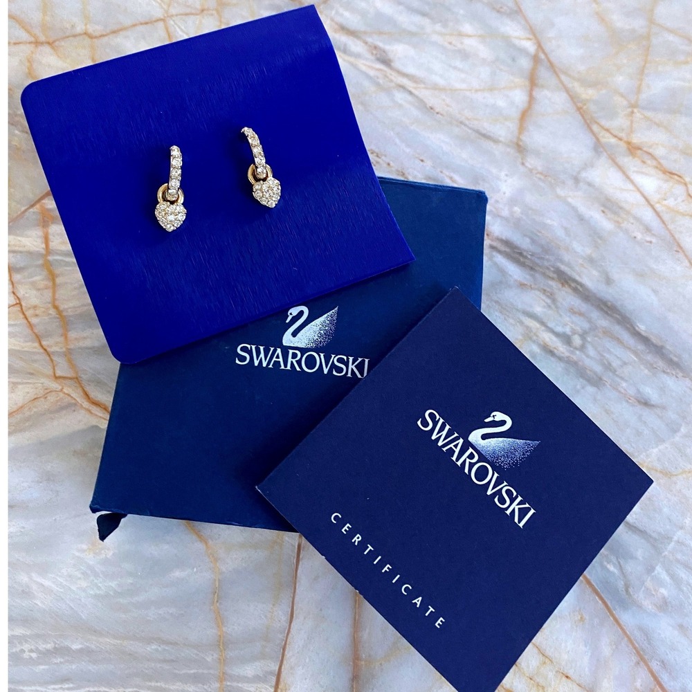 Swarovski Gold Heart Drop Earrings Crystal Pave Huggie Hoop Dangle - Picture 3 of 14
